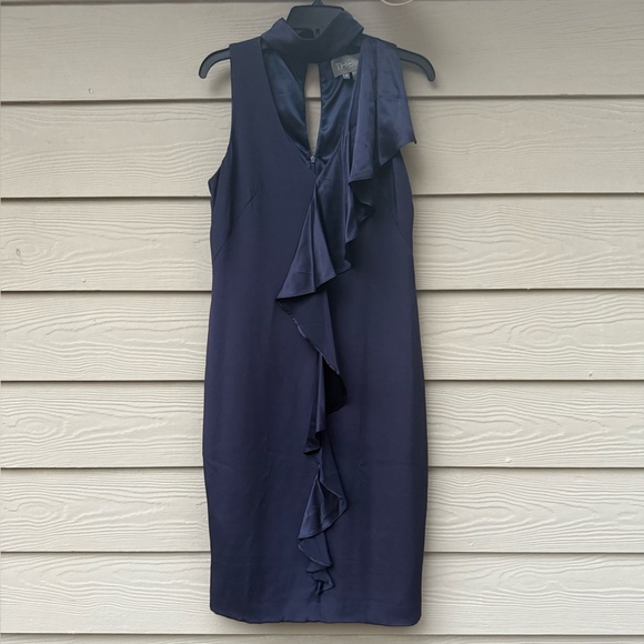 Theia Dresses & Skirts - Theia sleeveless high neck navy blue dress with ruffles